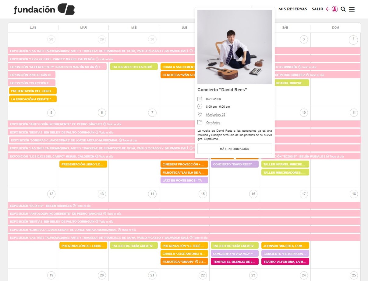 Calendario de actividades de Fundación CB con la ficha de un concierto desplegada