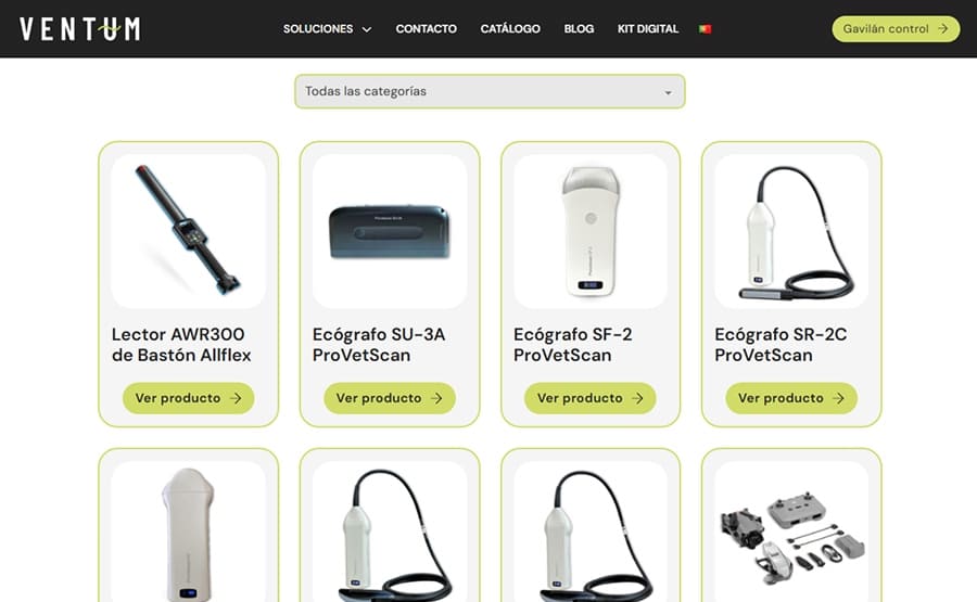 Catálogo de Ventum con una cuadrícula de productos y filtro por categoría.