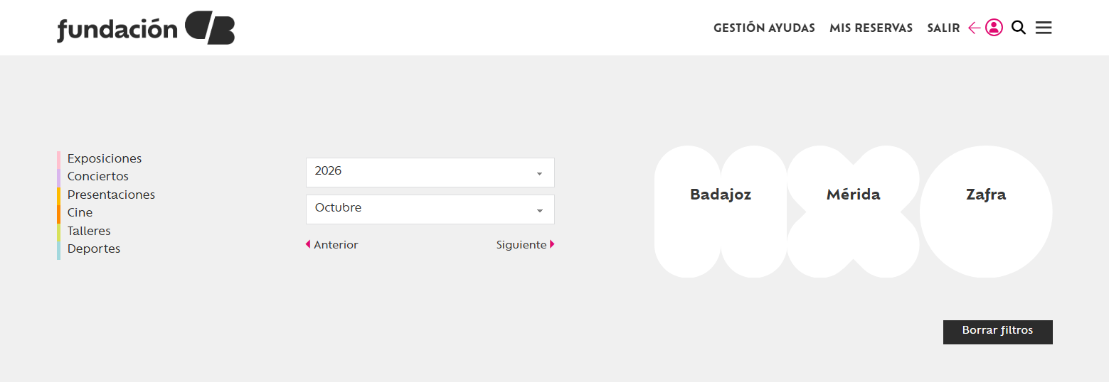 Filtros de la agenda de Fundación CB por categoría, fecha y localidad