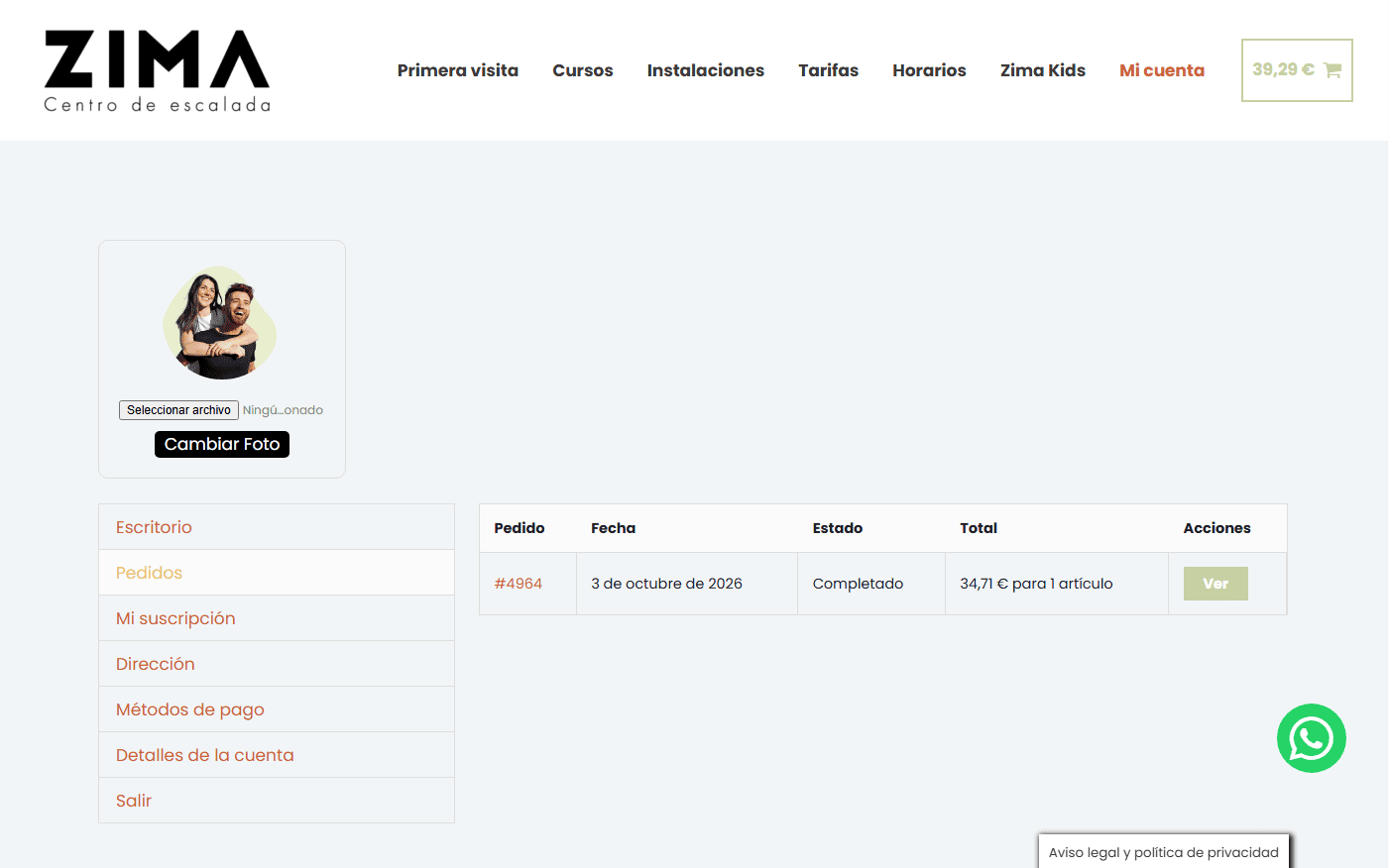 Muestra un pedido de la web de Zima