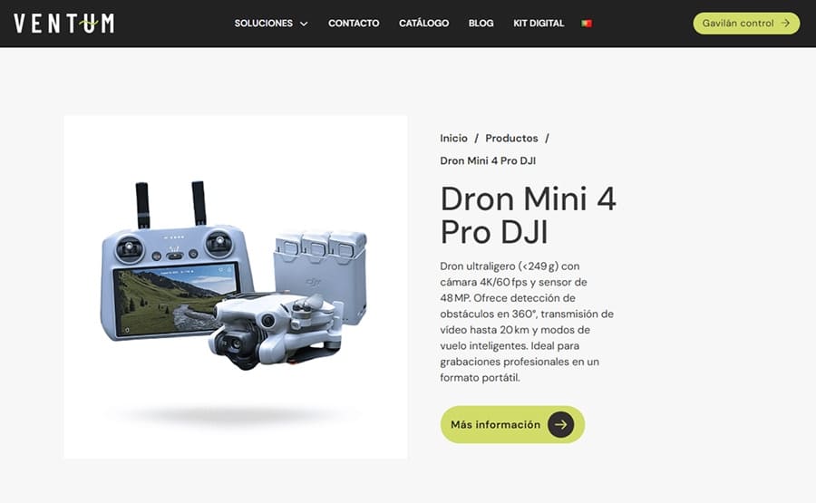 Ficha del dron DJI Mini 4 Pro en el catálogo de Ventum.